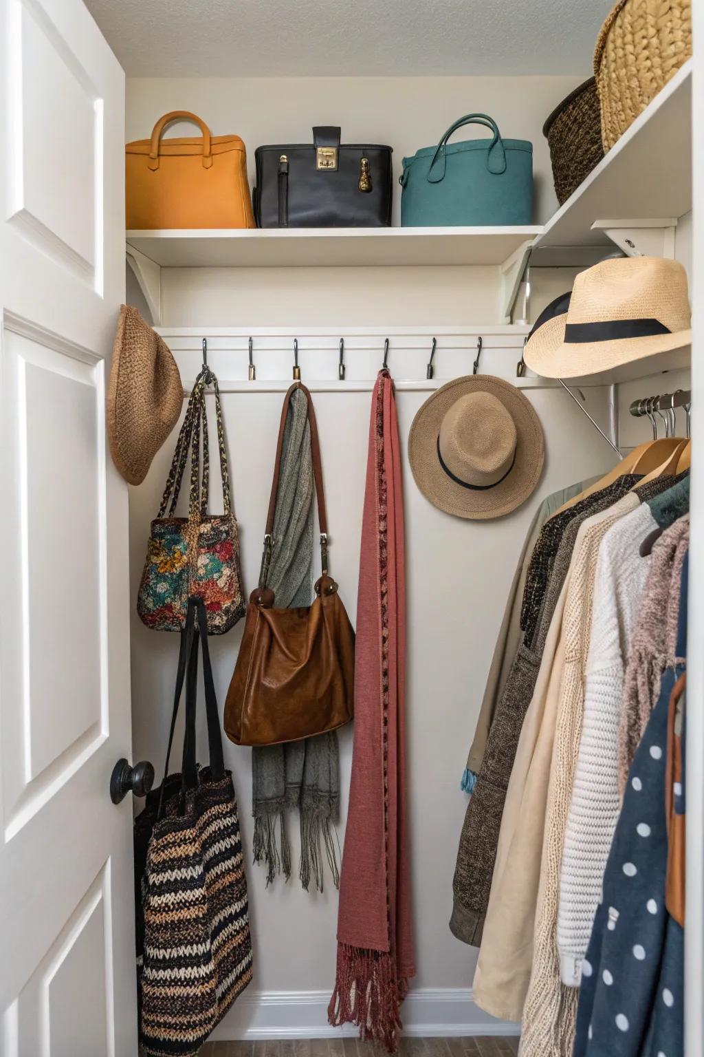 Utilize hangers to increase wall space for hanging various accessories.
