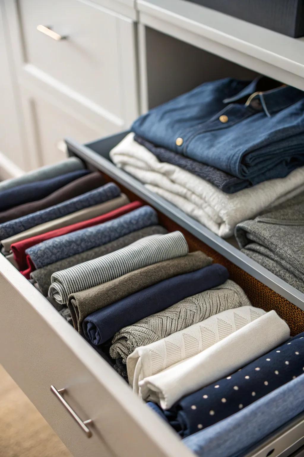 Upright folding technique ensures comprehensive visibility and accessibility within dresser drawers.