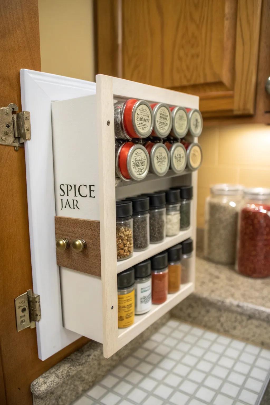 A hidden spice rack keeps your collection tidy and out of sight.