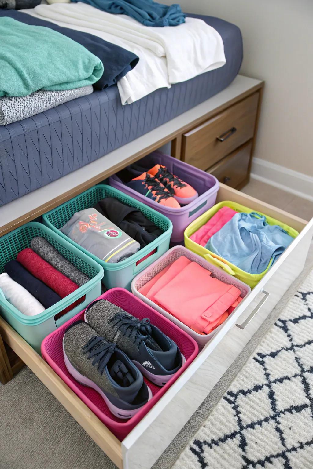 Stowing off-season gear under the bed.