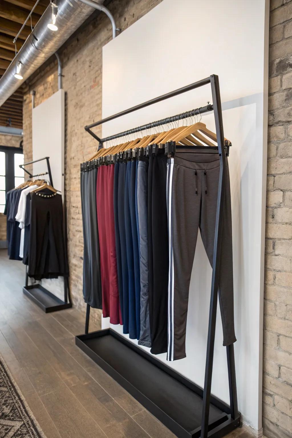 Choose wall-affixed racks for an elegant and space-preserving leggings storage amenity.