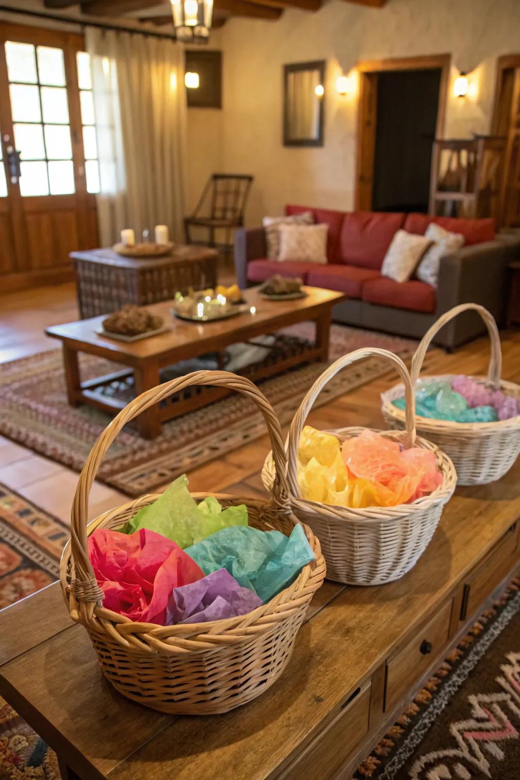 Woven baskets present a delightful avenue to stash tissue paper.