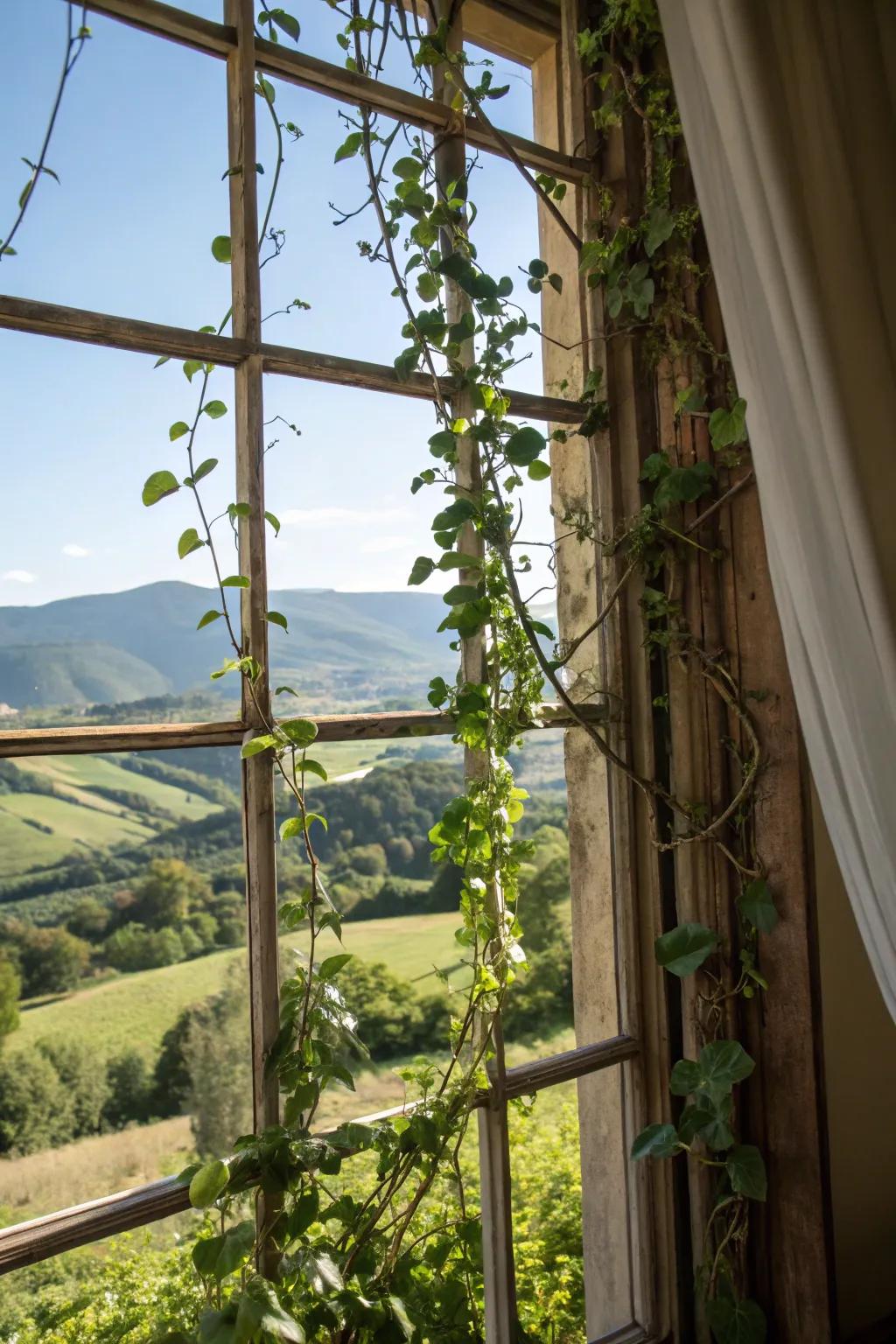 A scenic view bordered by a wax plant on a window frame support.