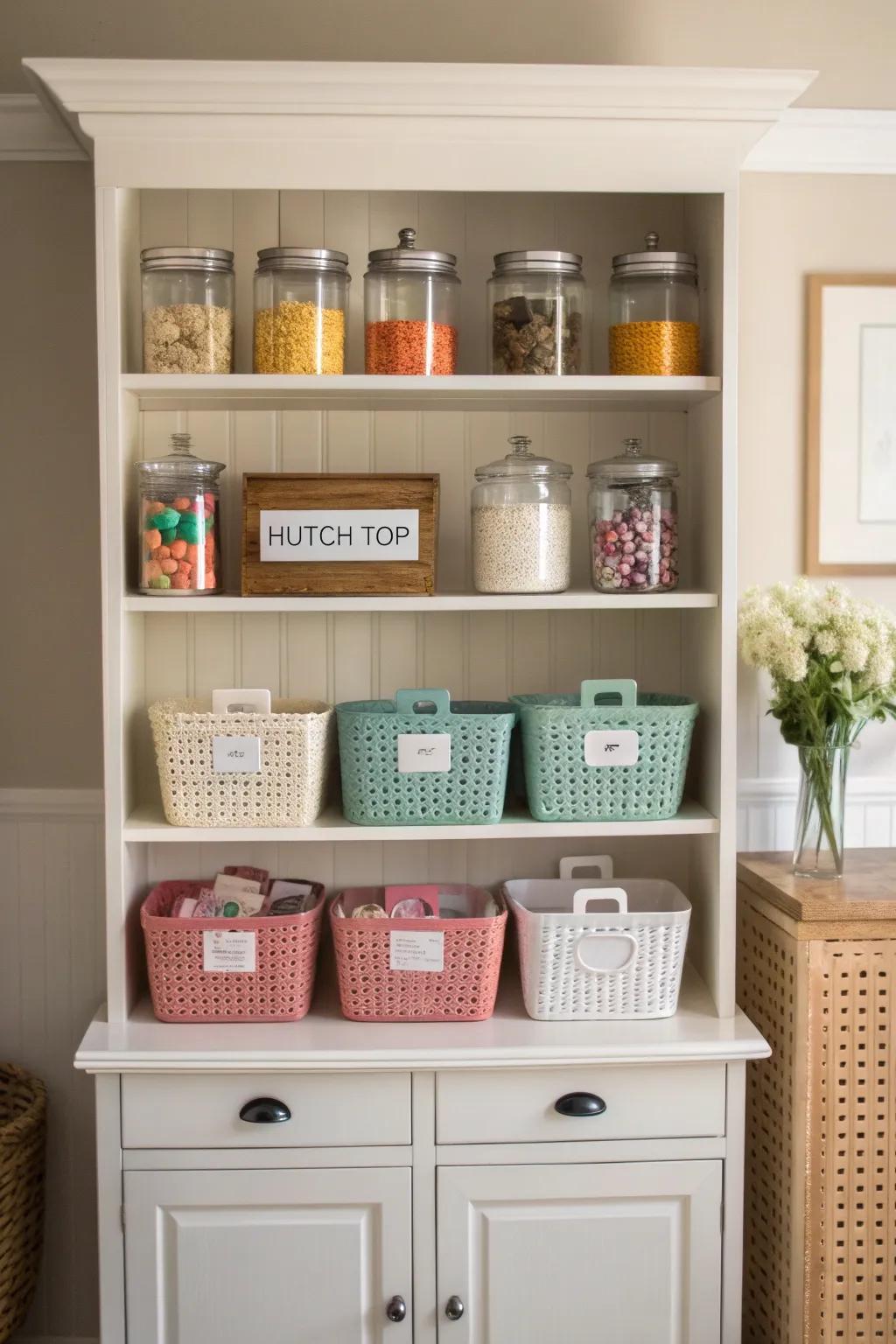 Use baskets on your china cabinet top to keep things tidy.