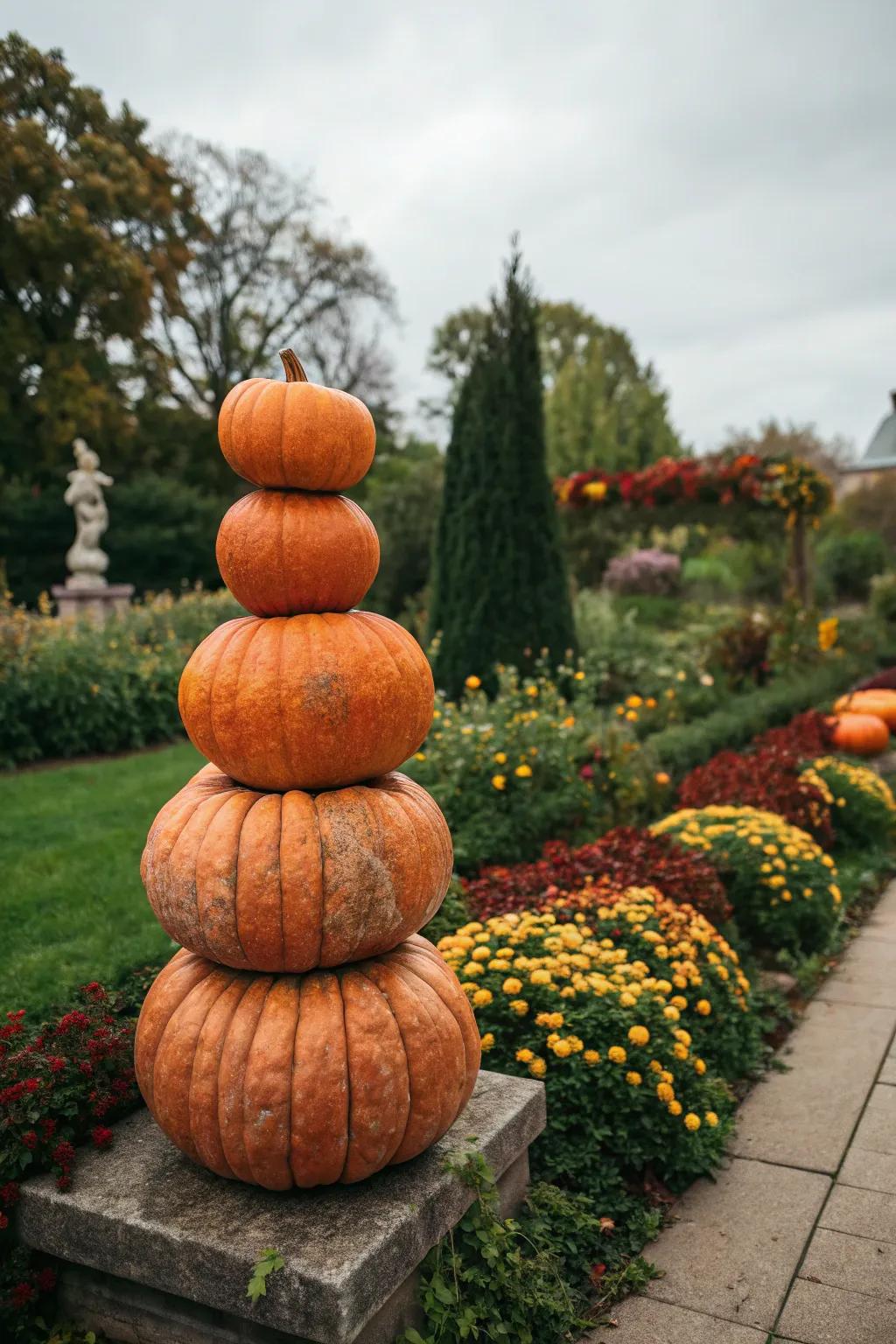 A pumpkin topiary adding dimension and charm to outdoor decor.