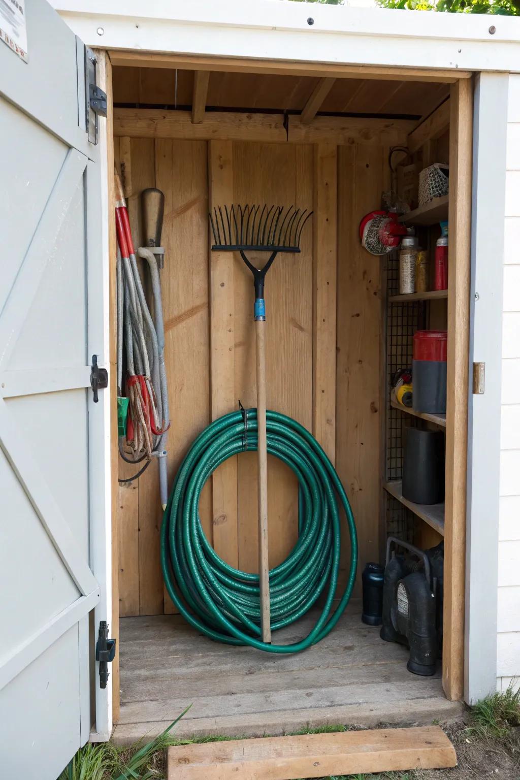 A tool handle doubles as a hose organizer.
