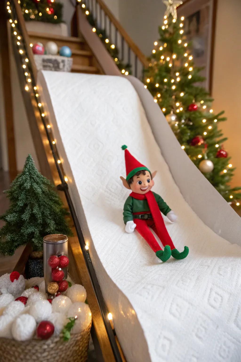 The elf enjoys a sledding adventure to celebrate its return.
