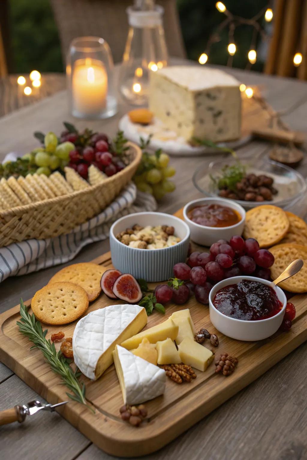 An indulgent cheese board with a variety of flavors and textures.