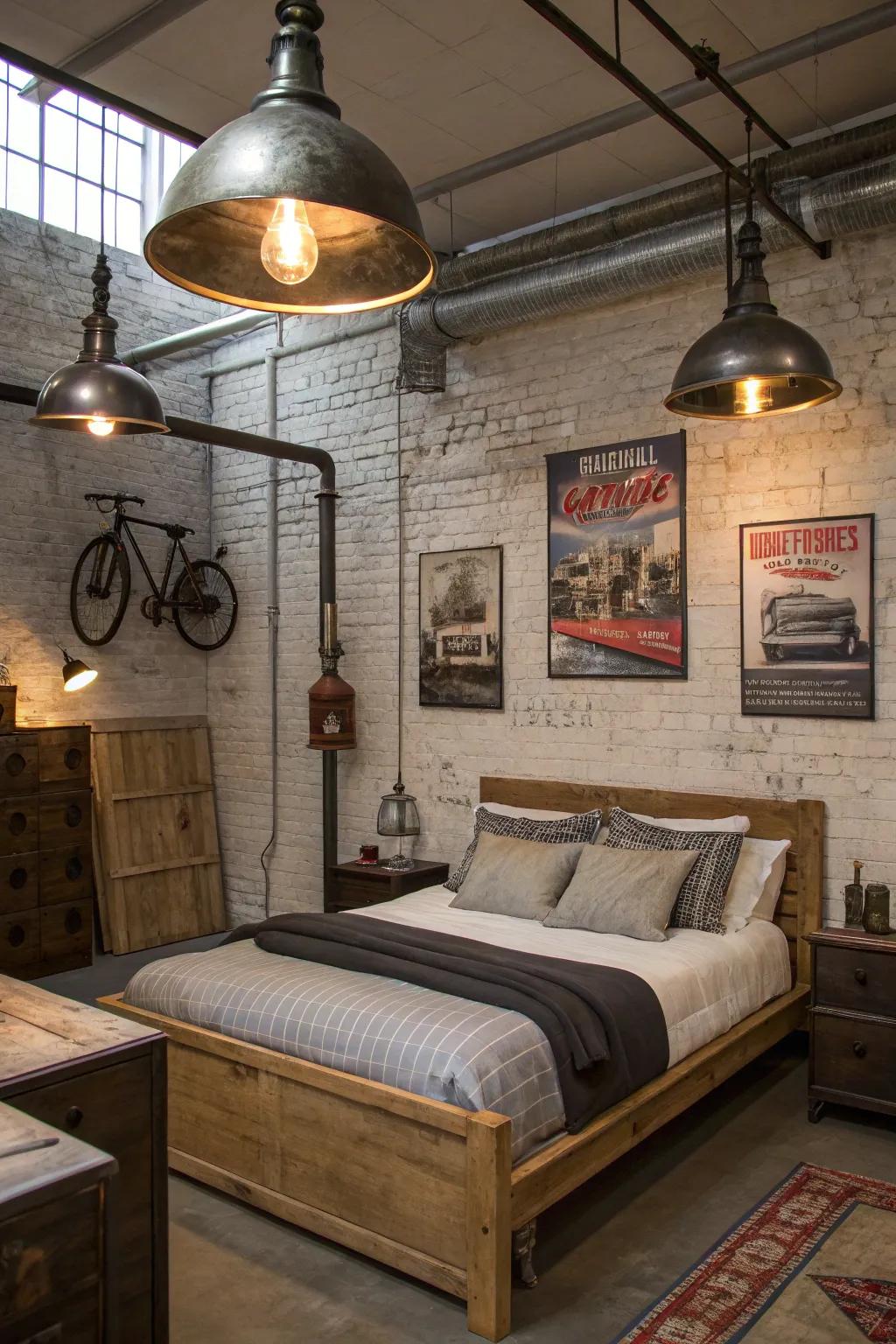Factory-inspired illumination introduces a nostalgic glow to this bedroom.