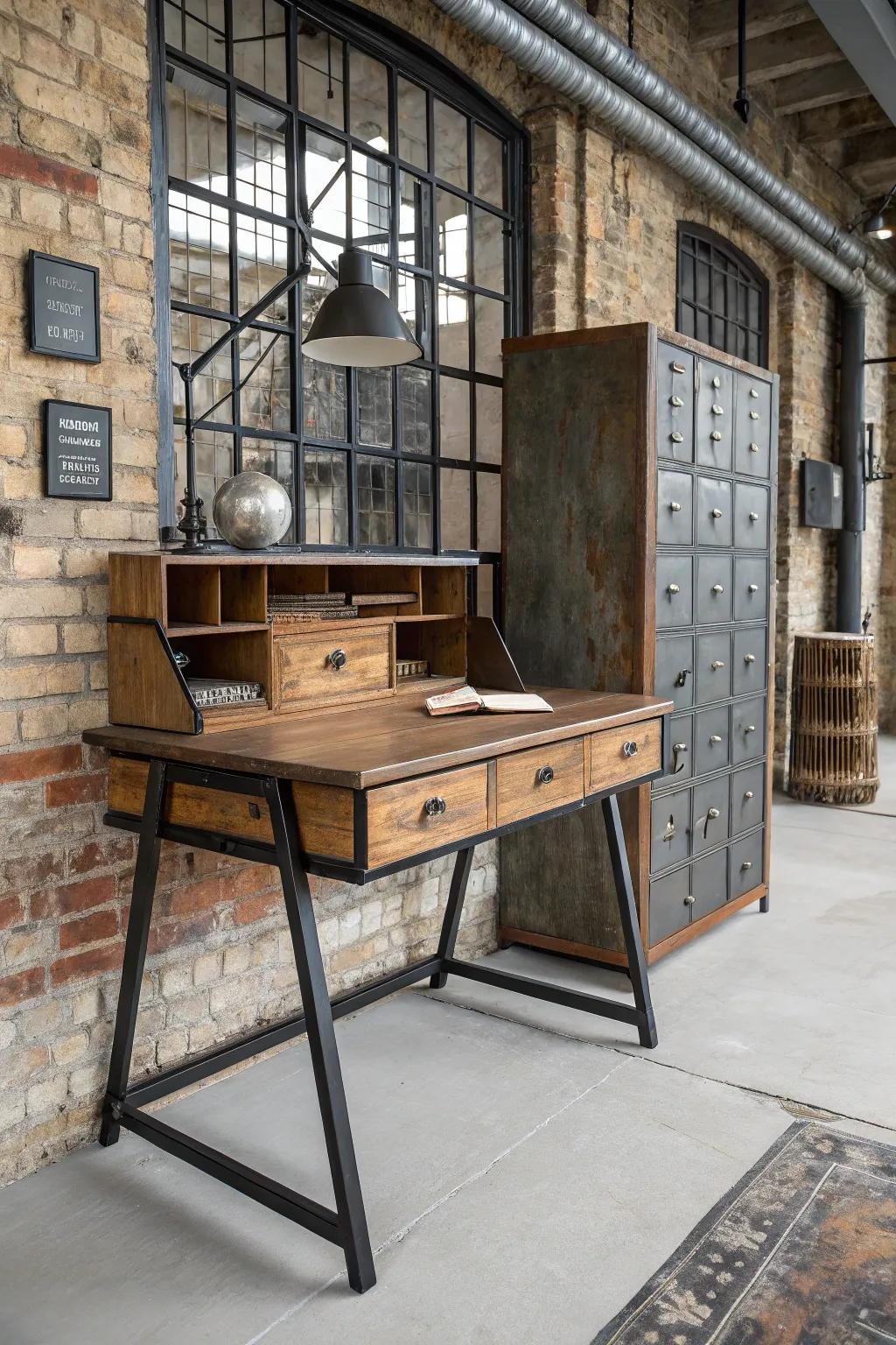 Combining materials like lumber and iron brings interest to your desk.