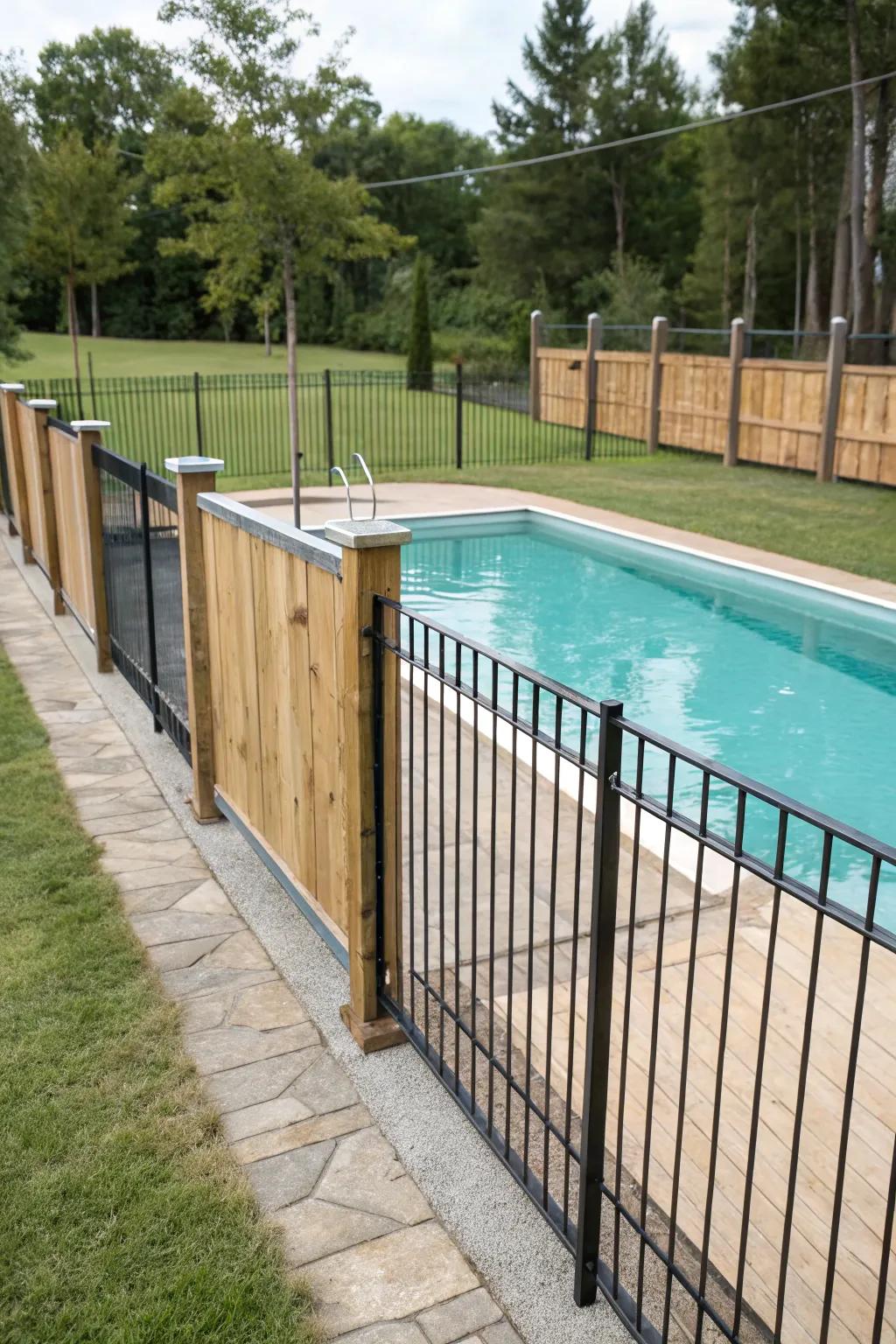 Material mingling crafts a singular and textured pool surround design.