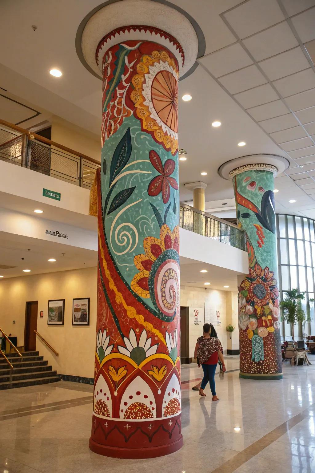 Columns function as creative surfaces for personalized artwork.