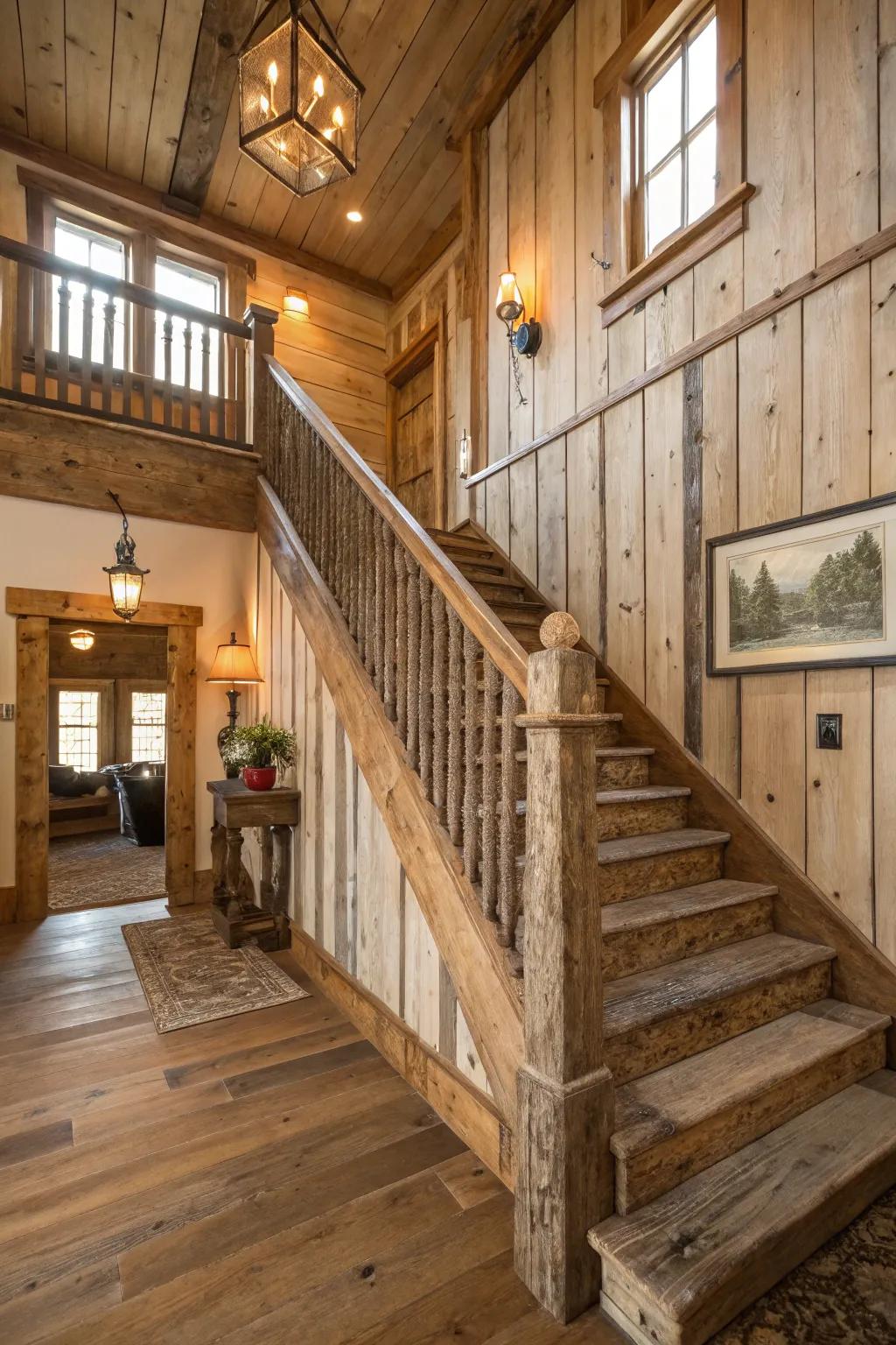 Weathered lumber railings bring country appeal to interiors.