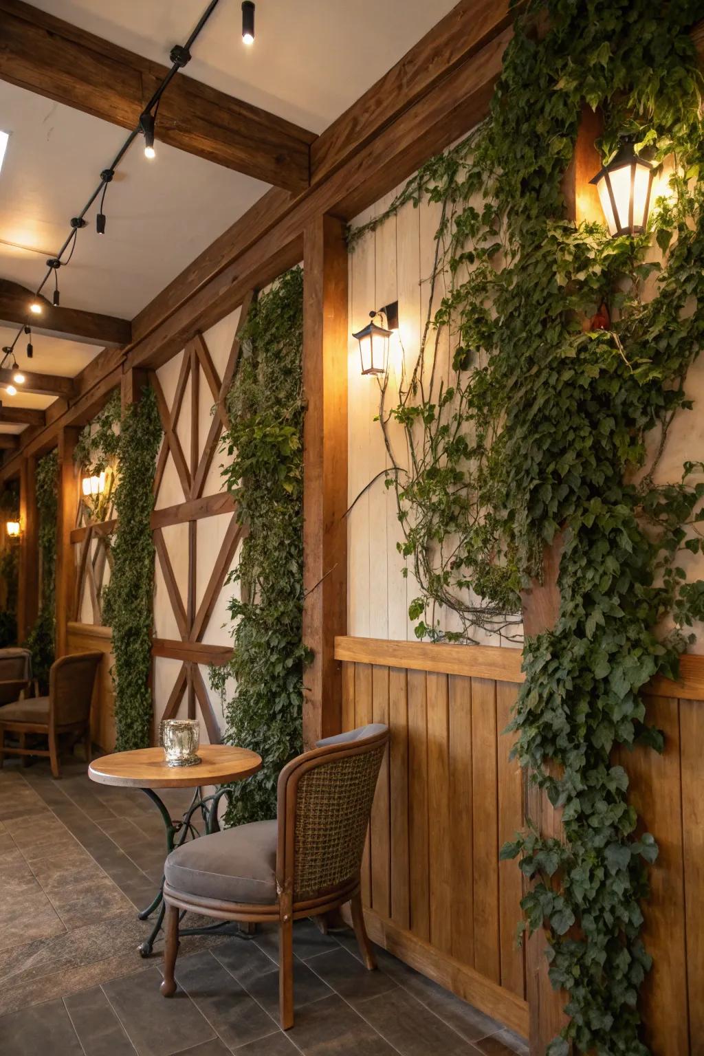 A rustic ivy wall paired with timber highlights, injecting warmth and allure.