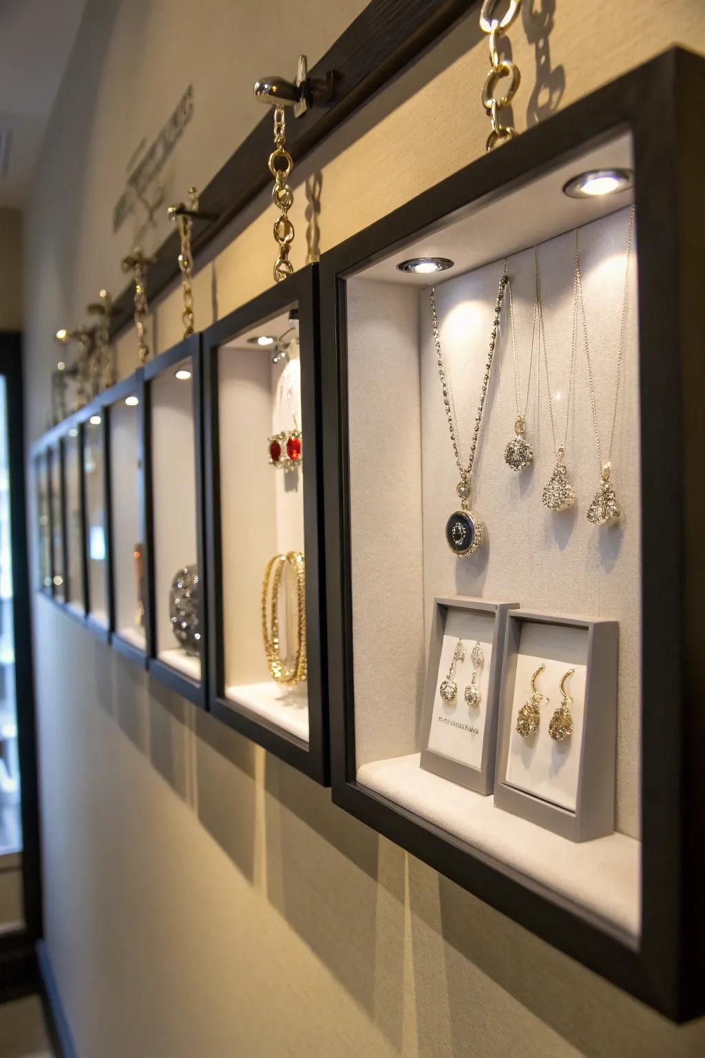 Jewelry showcase arranged gallery-style