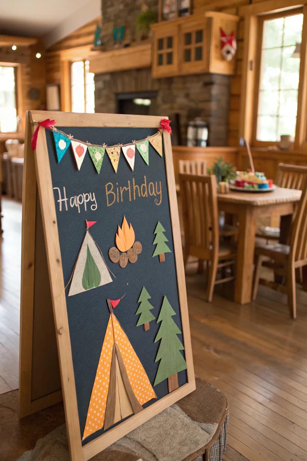 An adventurous camping-styled birthday board for July events.