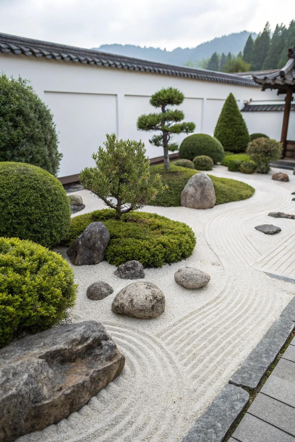 Zen garden with tranquil evergreens