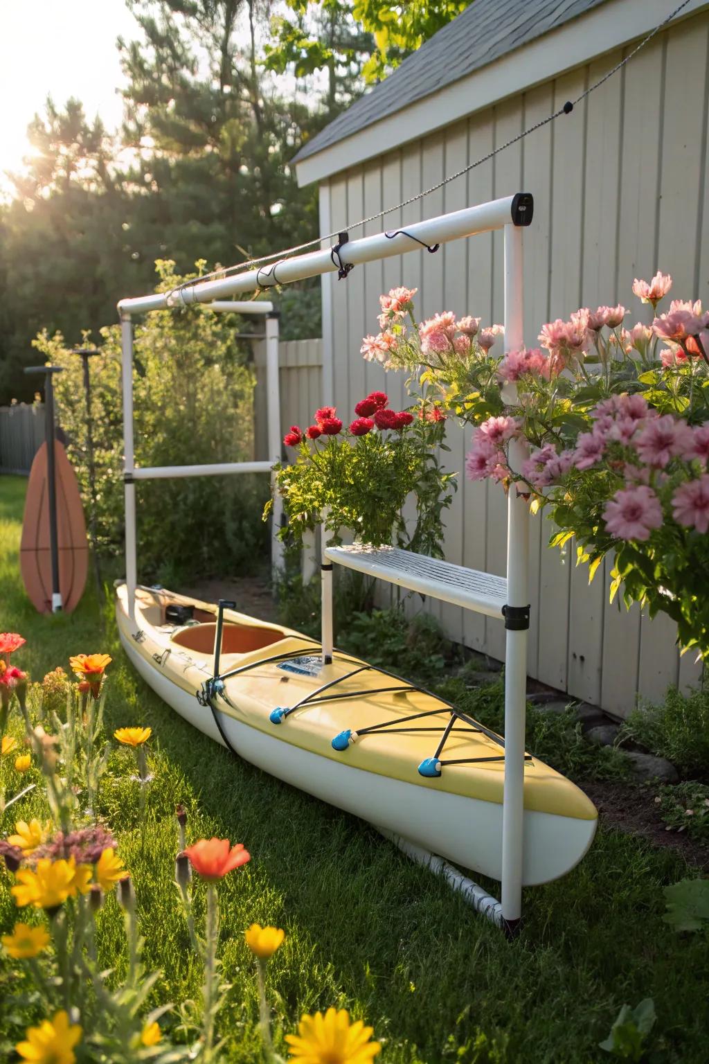 A lightweight PVC pipe frame for canoe storage.