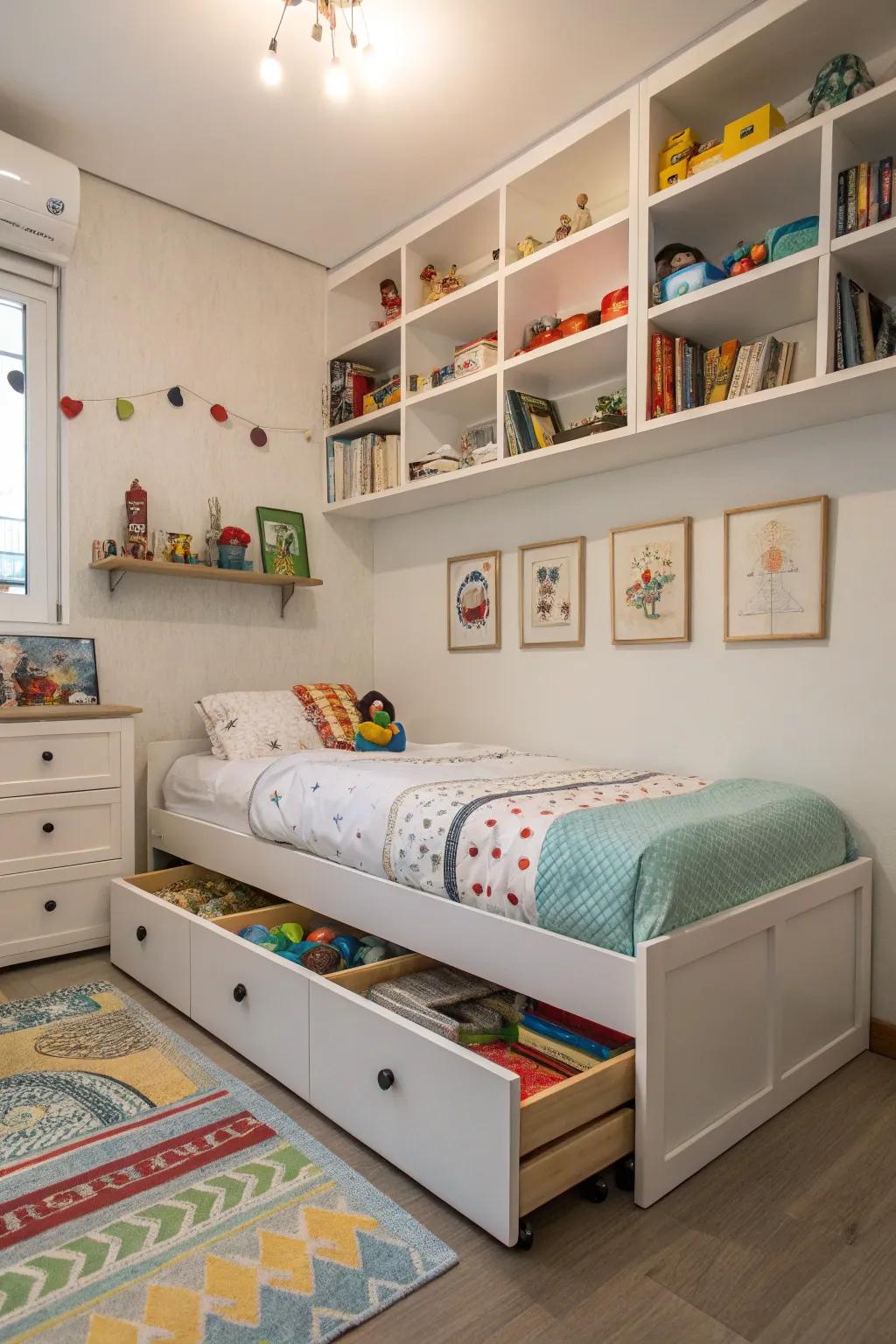 Inventive stowage solutions that sustain organization within juvenile's chambers.