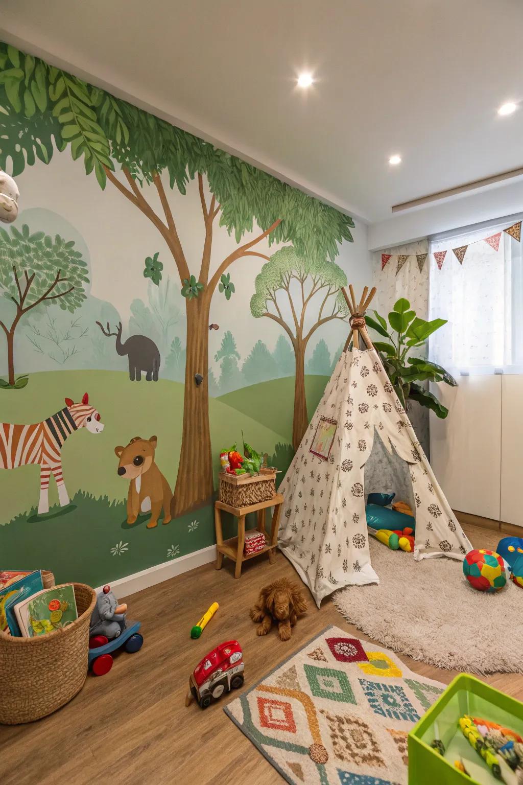 A playroom that invites adventure with its jungle-themed decor.