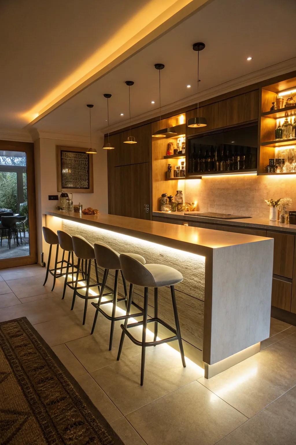 Beneath-bar illumination introduces a comfortable vibe to your kitchen.