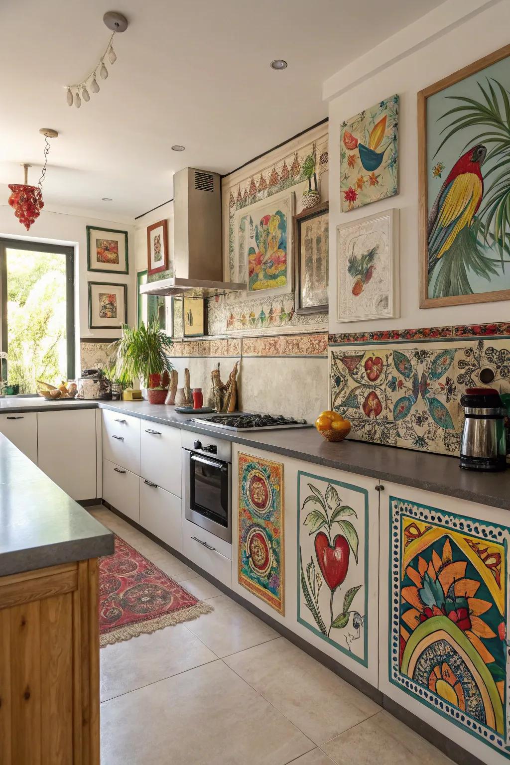 Varied creative trims bring a gallery-like feel to your kitchen.