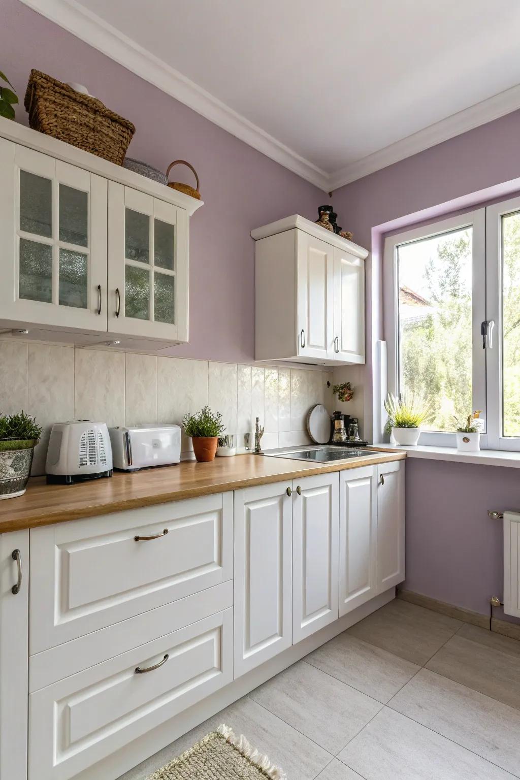 Misty violet walls add a charming and whimsical touch.