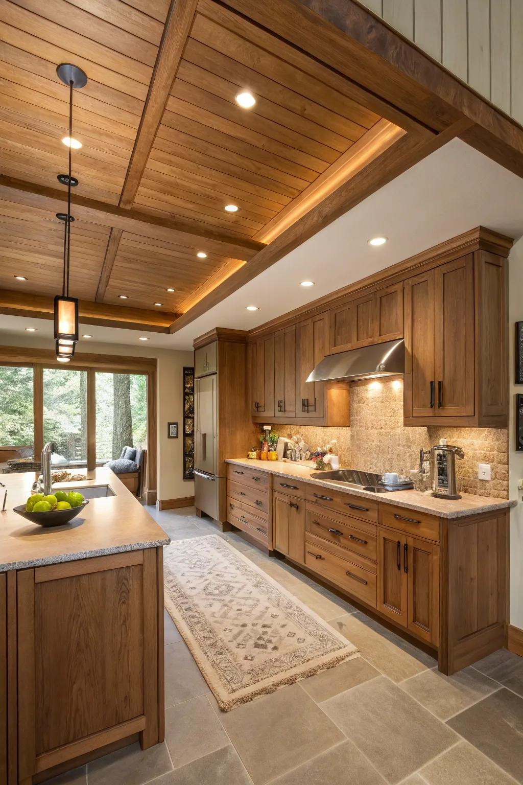 A soffit wrapped in timber veneer, providing a warm and cohesive kitchen design.