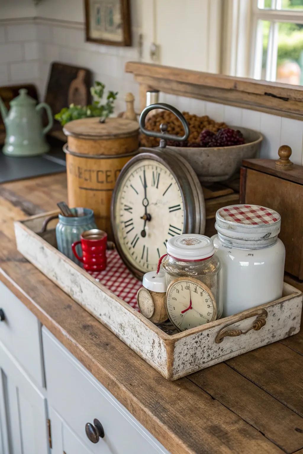 Vintage pieces bring timeless charm to kitchen styling.