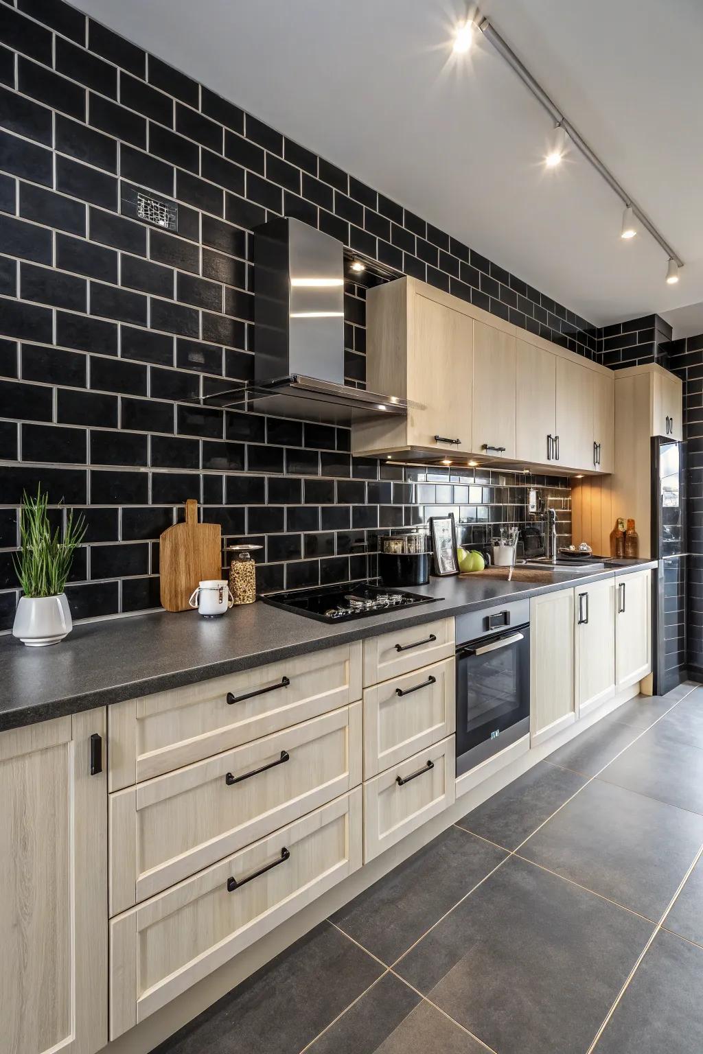 Dark tiles clash beautifully with light cabinets in this kitchen.