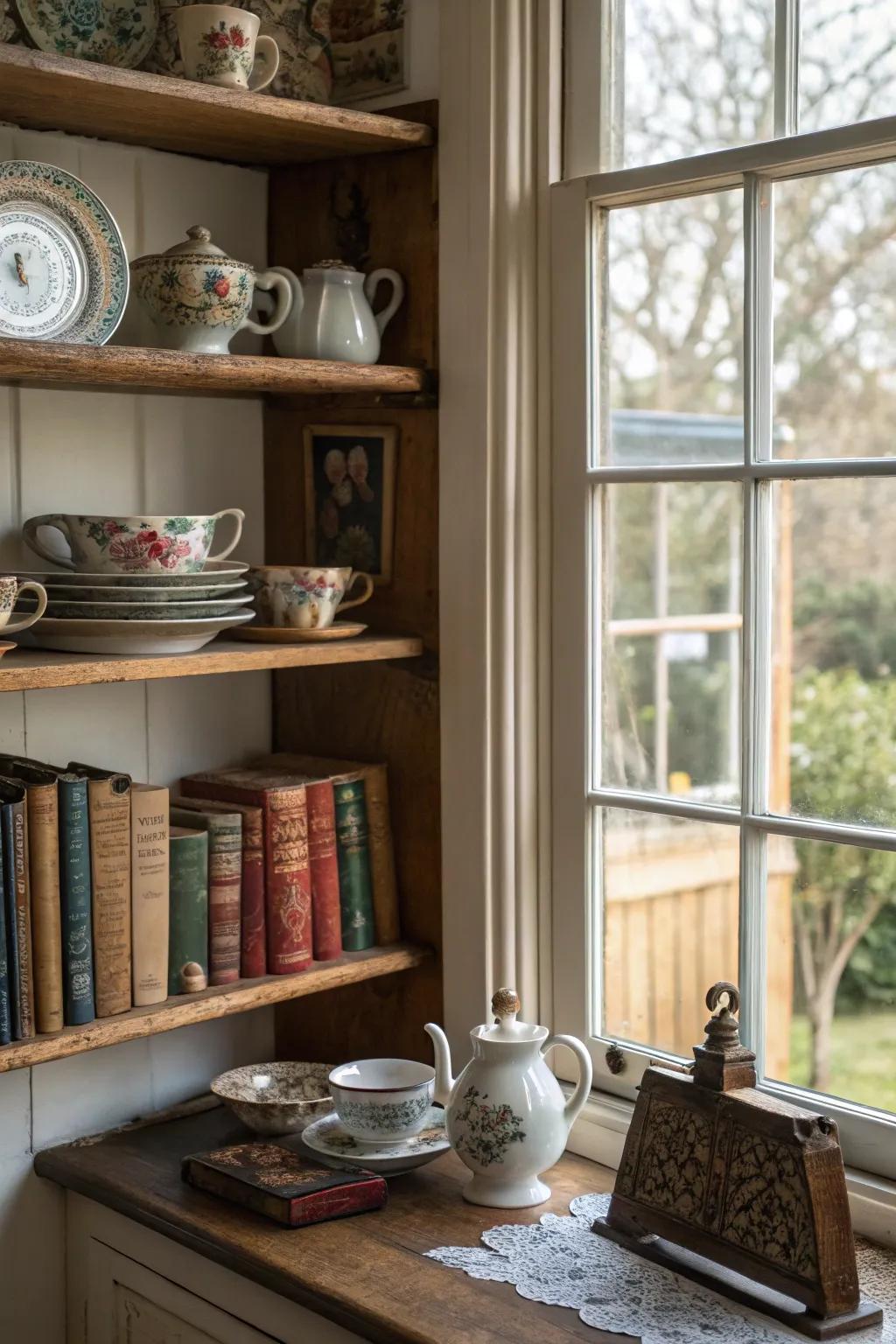Vintage finds give kitchen window shelves character and nostalgia.