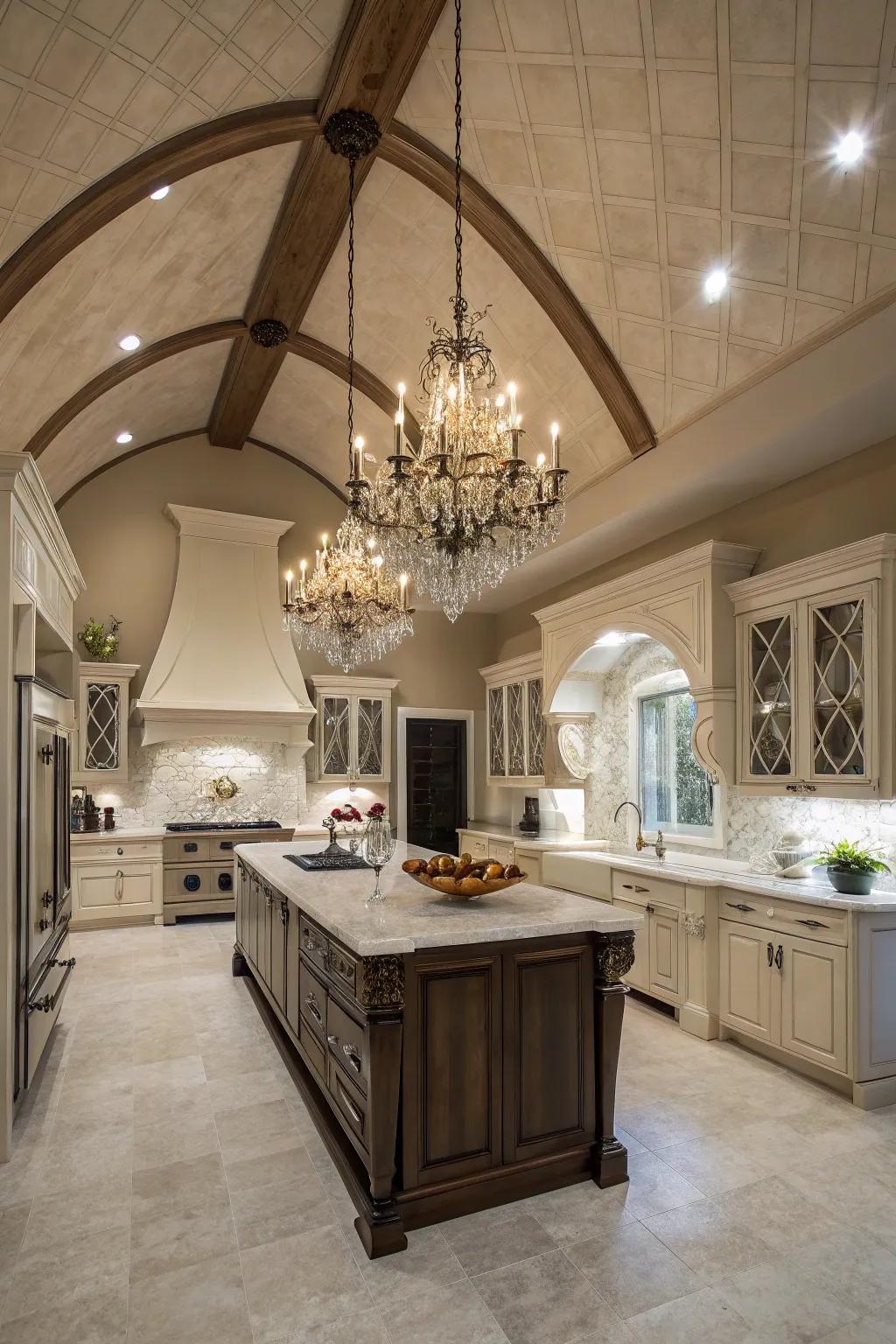 A dramatic chandelier lends elegance to this kitchen with a vaulted ceiling.