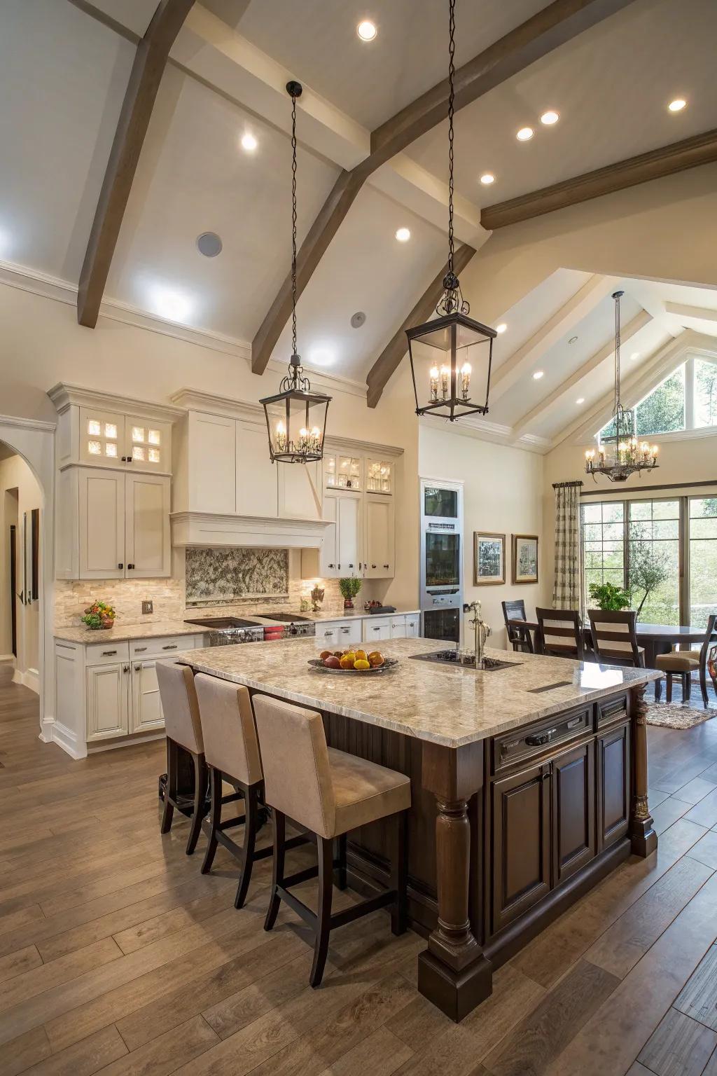 A kitchen center makes a main gathering point inside this roomy kitchen.