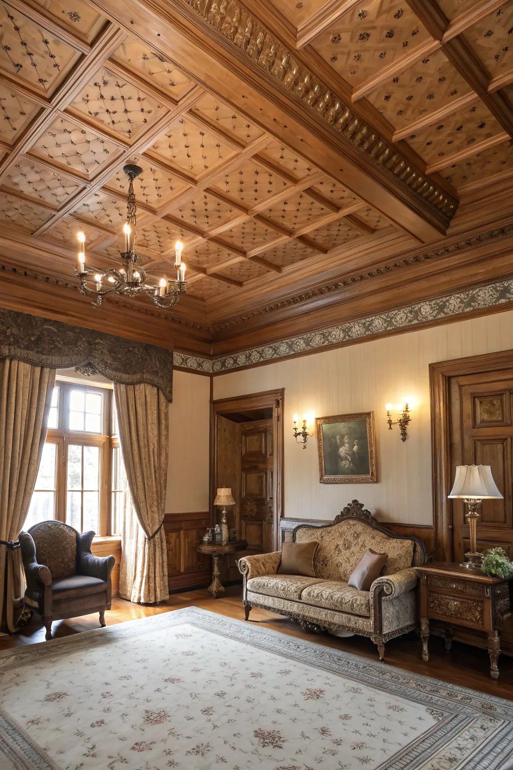 An elegant room where ornamental trim complements the wood-clad ceiling.