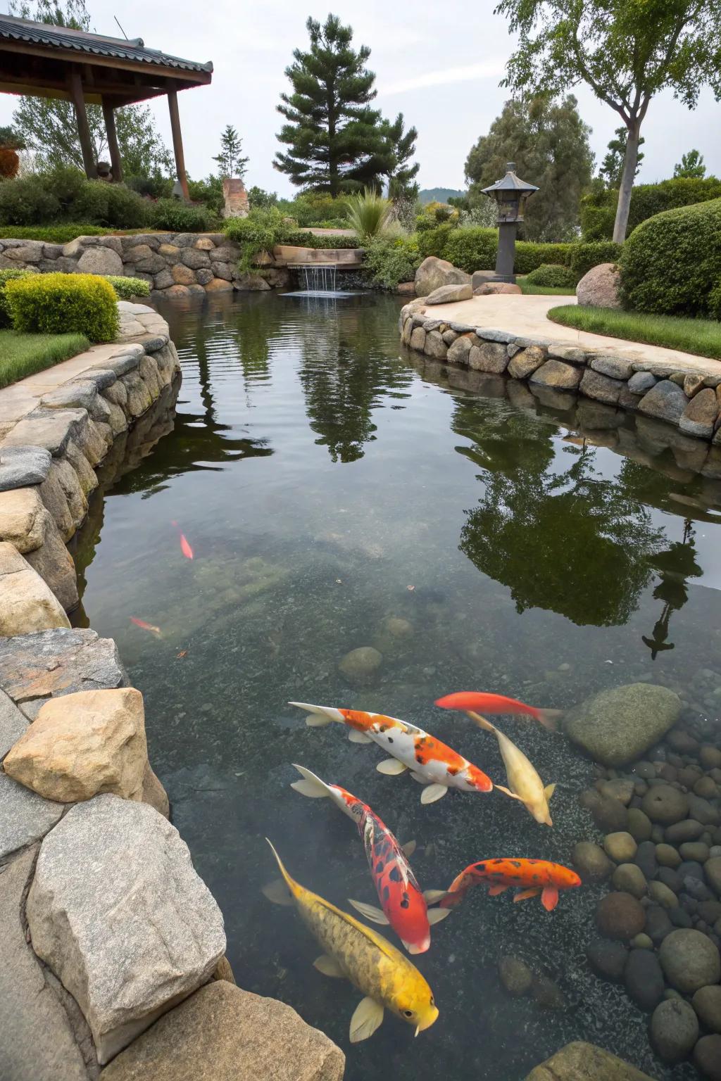 Pellucid water empowers the splendor of koi to radiate.