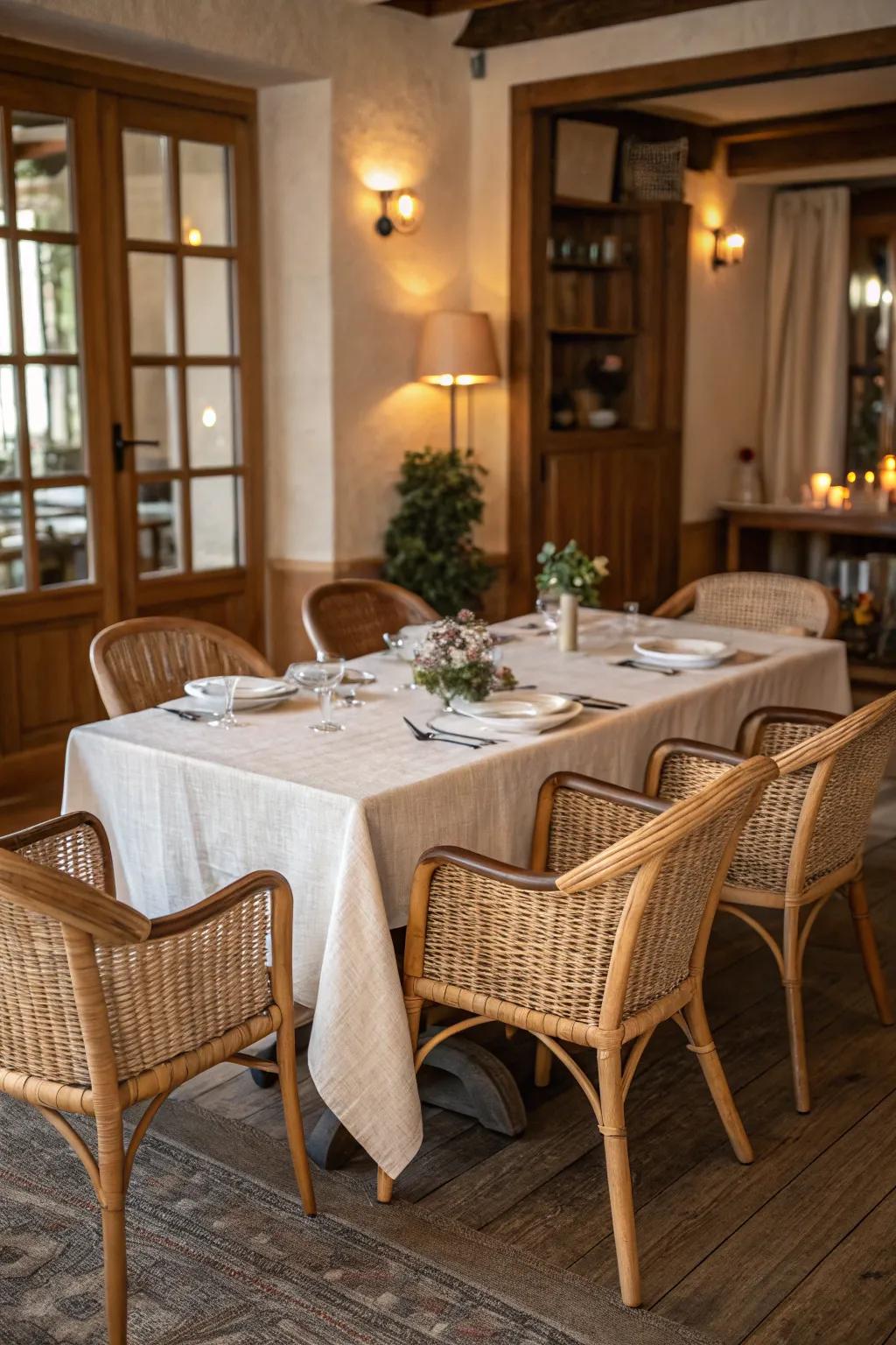 Natural fabrics introduce dimension and coziness to the dining zone.