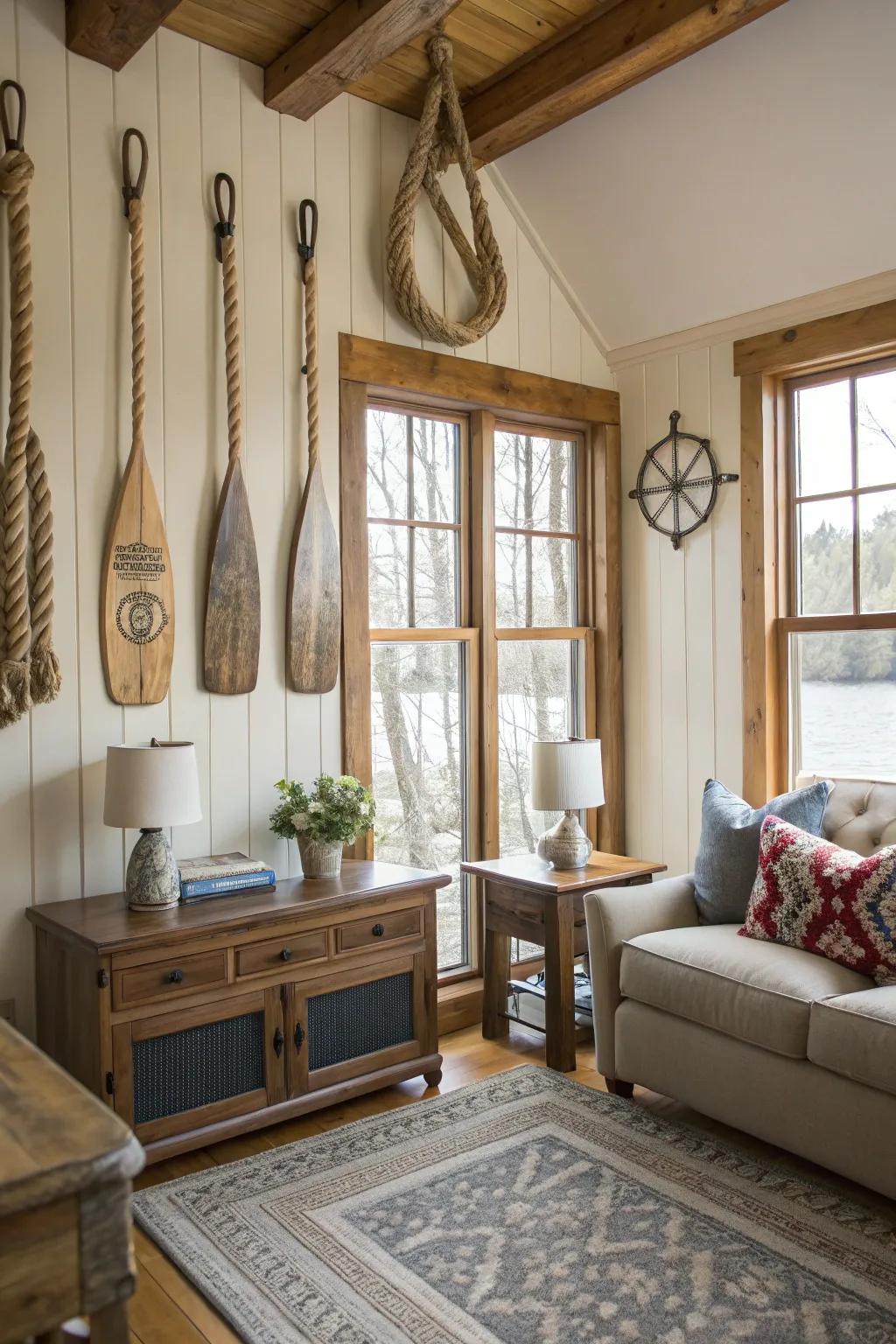 Seafaring accents contribute a playful suggestion of lakeside living.