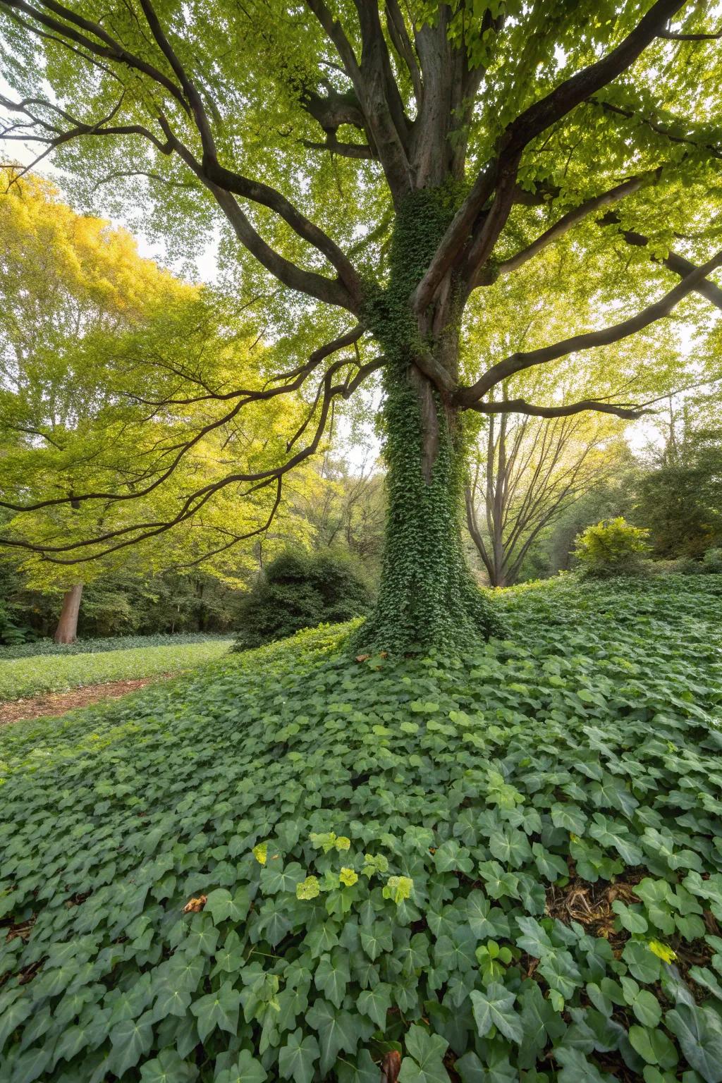 Soil covers establish a lush, minimal-maintenance base for trees.