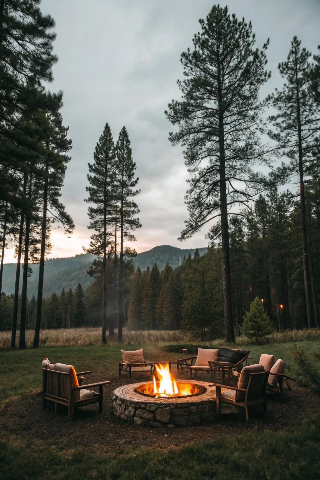 A fire pit serving as the point of interest in a forest clearing.