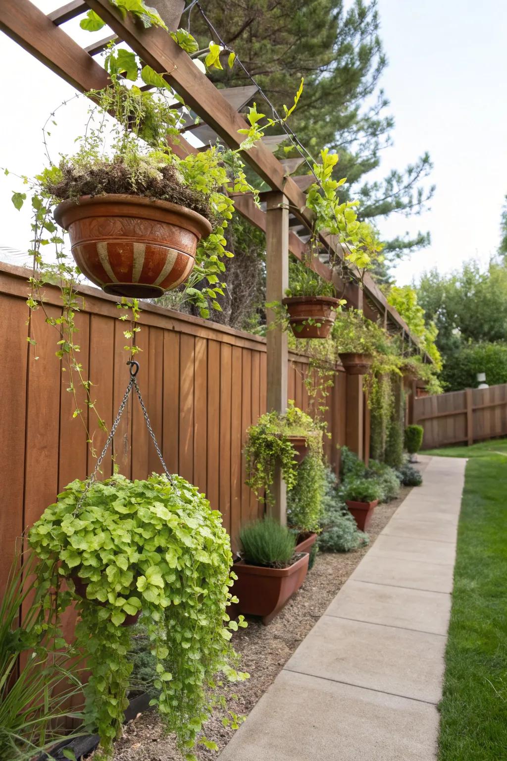 Develop a whimsical garden with hanging plant pots and trailing plants.