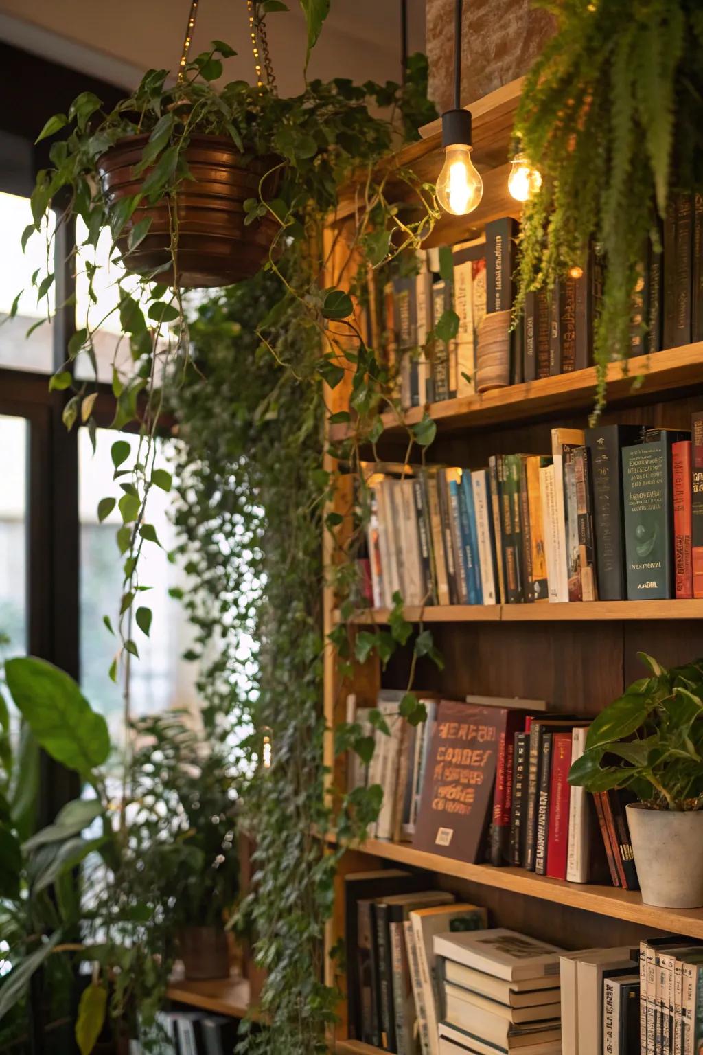 Greenery introduces freshness and energy to this exquisitely styled bookshelf.