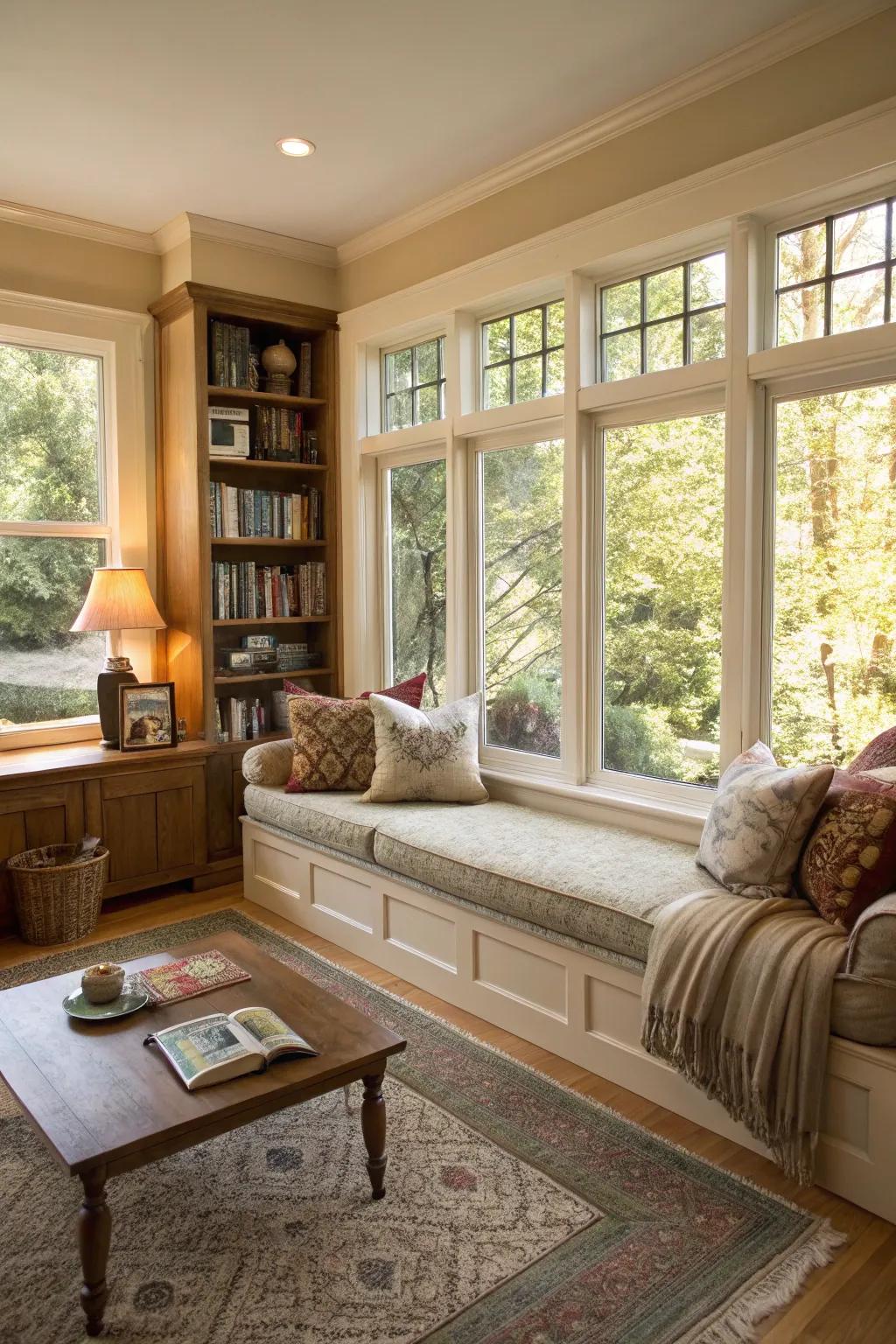 An inviting window bench perfect for reveling in the view or perusing a paperback.