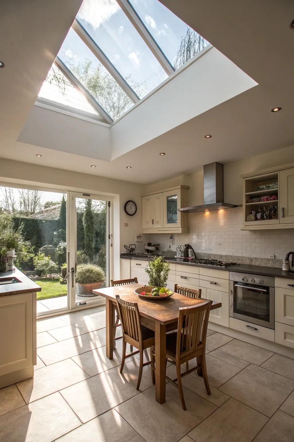 A kitchen enriched with natural light from a large skylight.