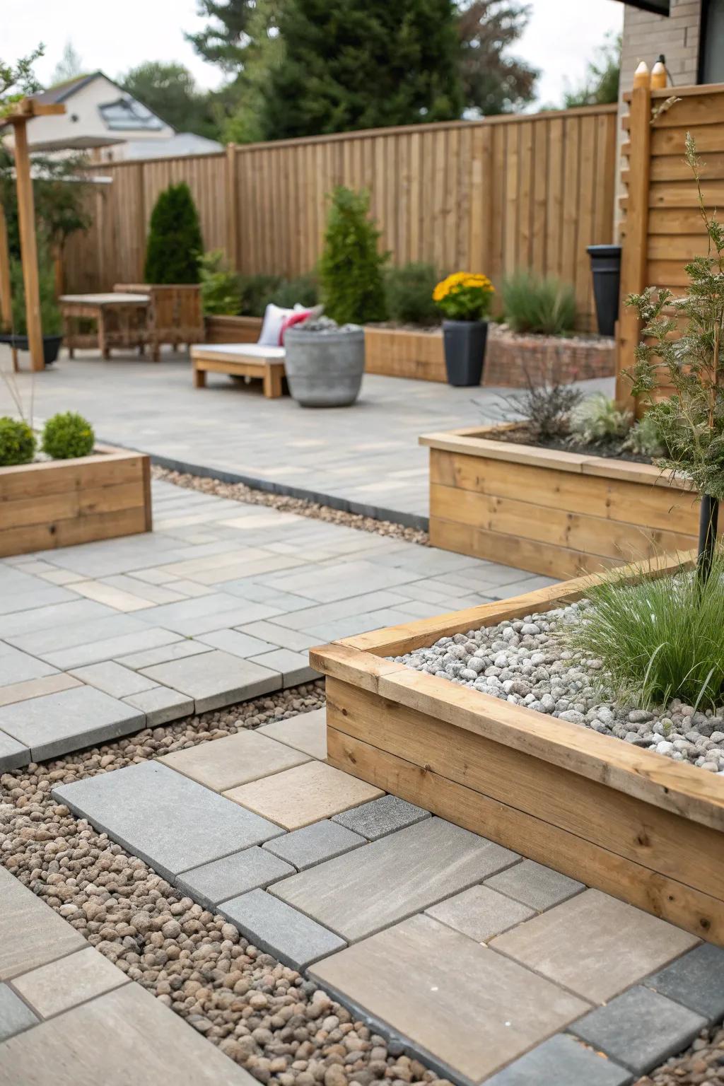 Mixed materials fashion an eclectic and voguish patio design.
