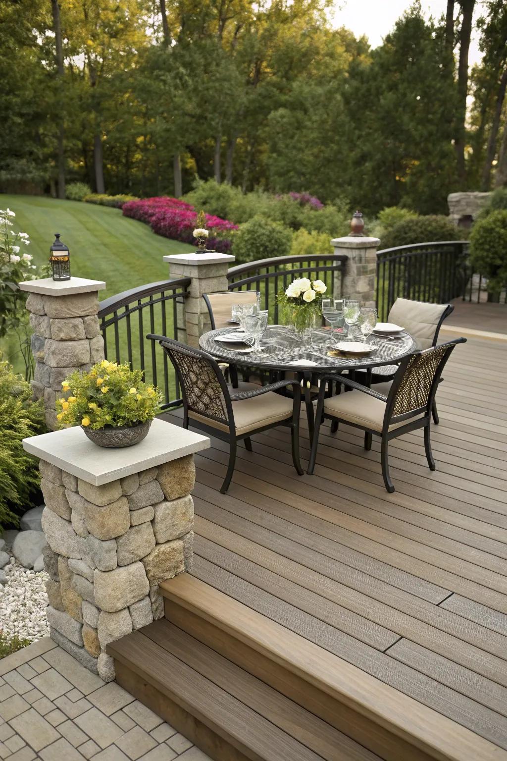 Imitation rock boards add luxury and elegance to this outdoor dining area.
