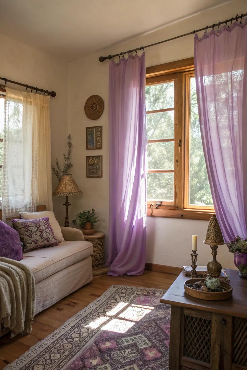 A space reimagined by lavender curtains and warm sunlight.