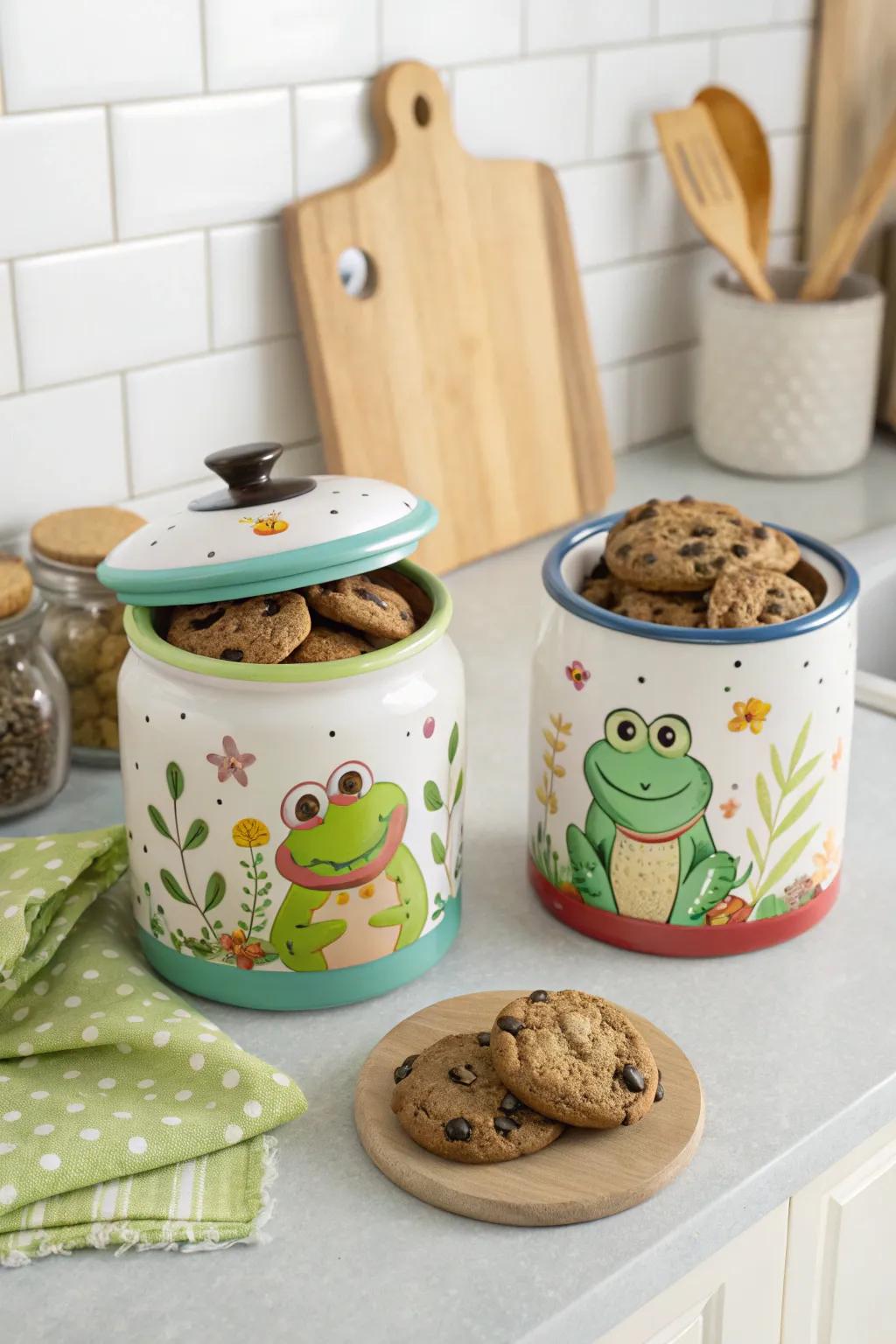 Amphibian-themed biscuit jars preserve confectioneries in style.