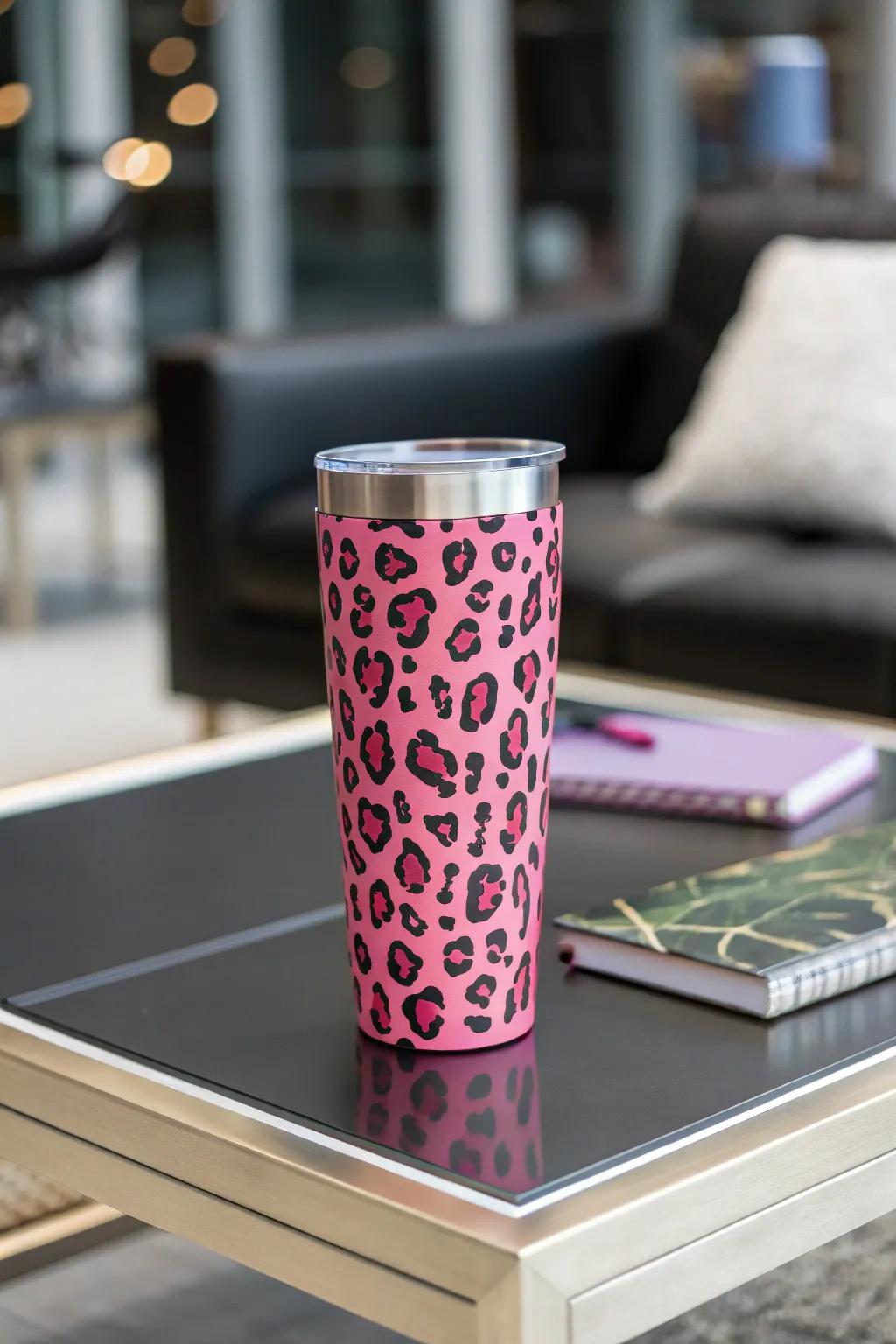 Announce your style with a striking rose-tinted animal pattern mug.