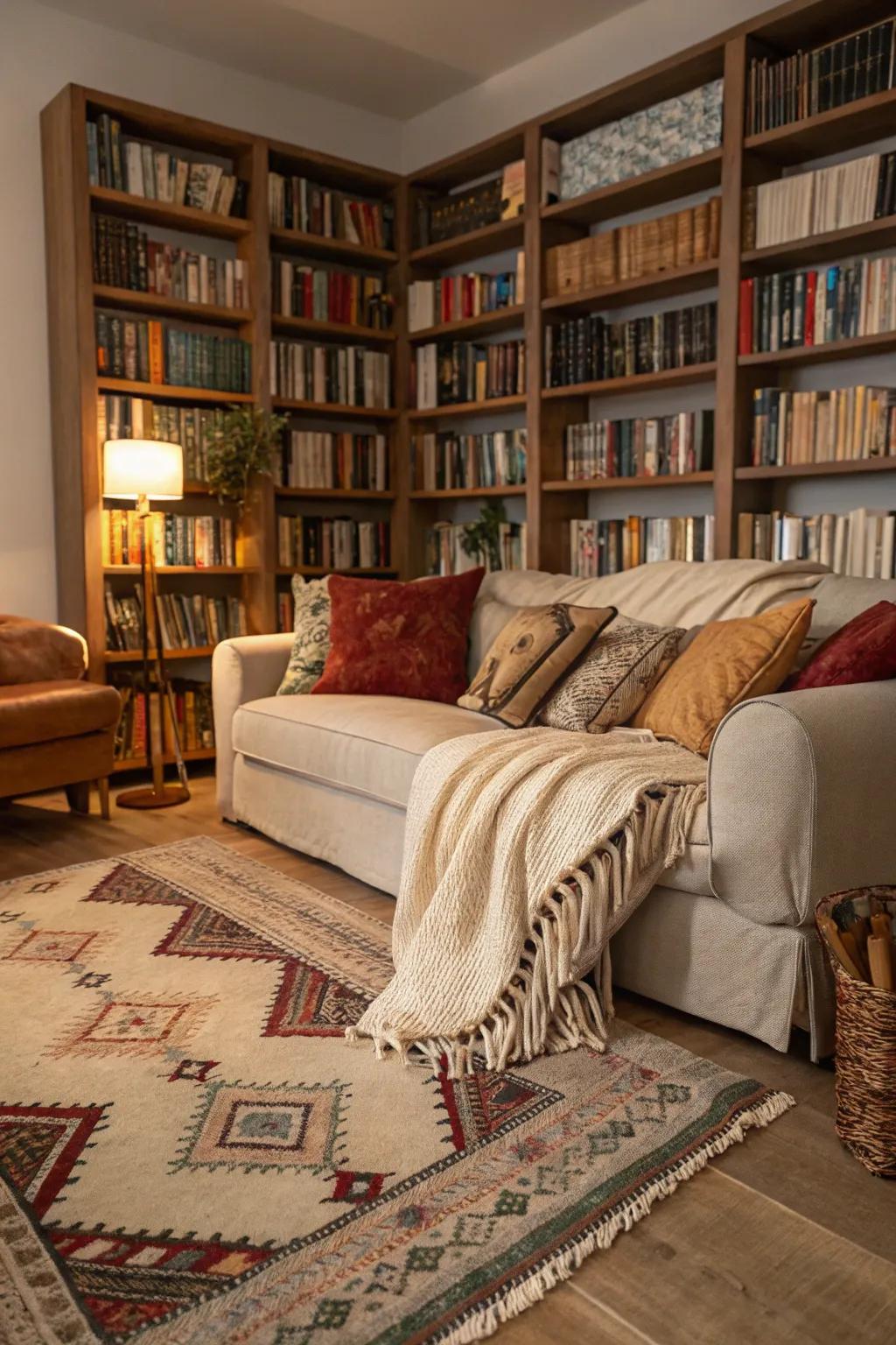 Rugs and throws create a warm and textured atmosphere within the library.