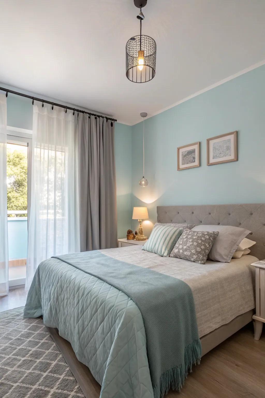 A peaceful bedroom featuring a soothing combination of light blue and soft gray tones.